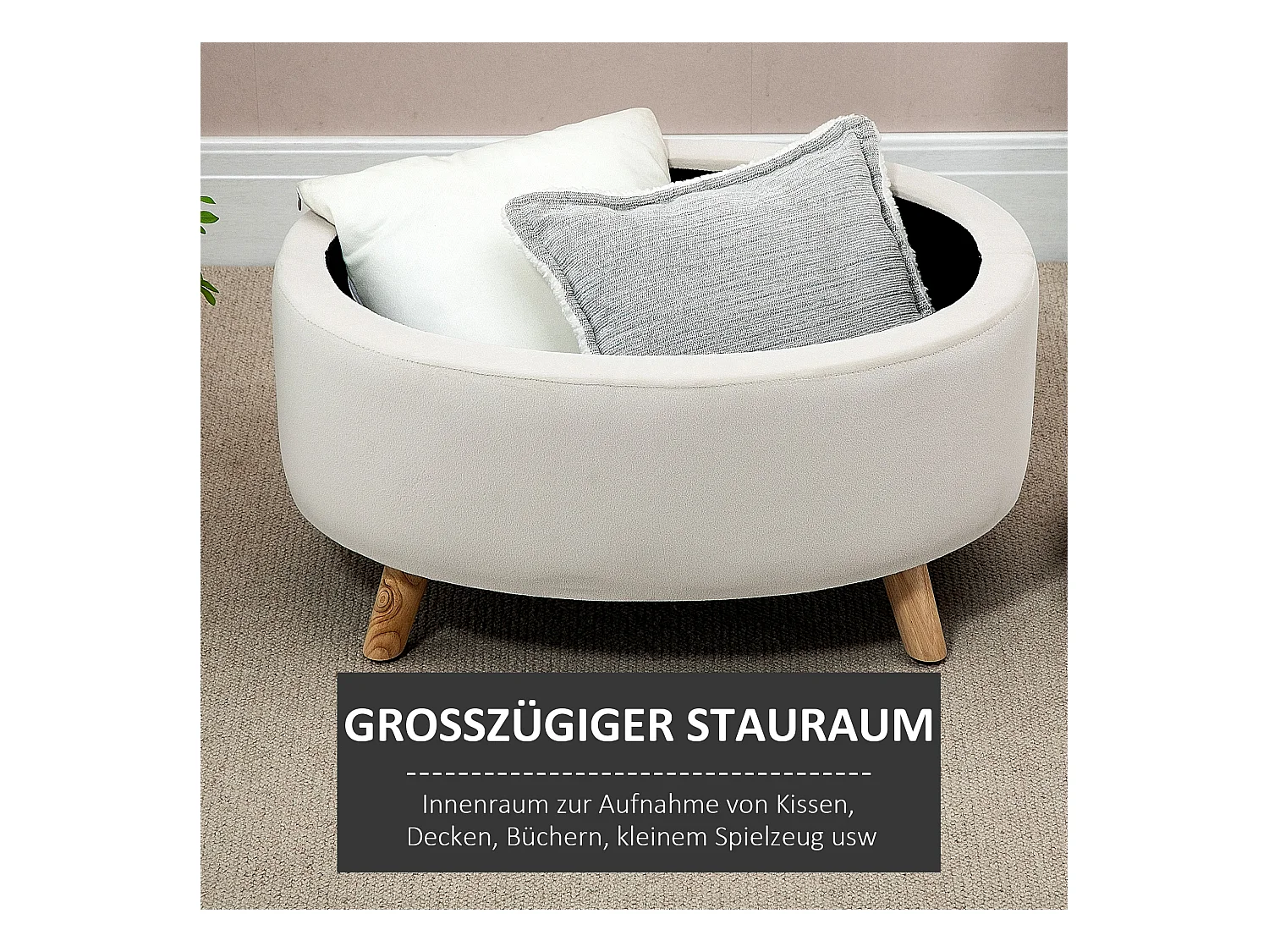 Banc de rangement ovale, velours beige, pieds en bois, avec compartiment secret (71x51.5x42cm)