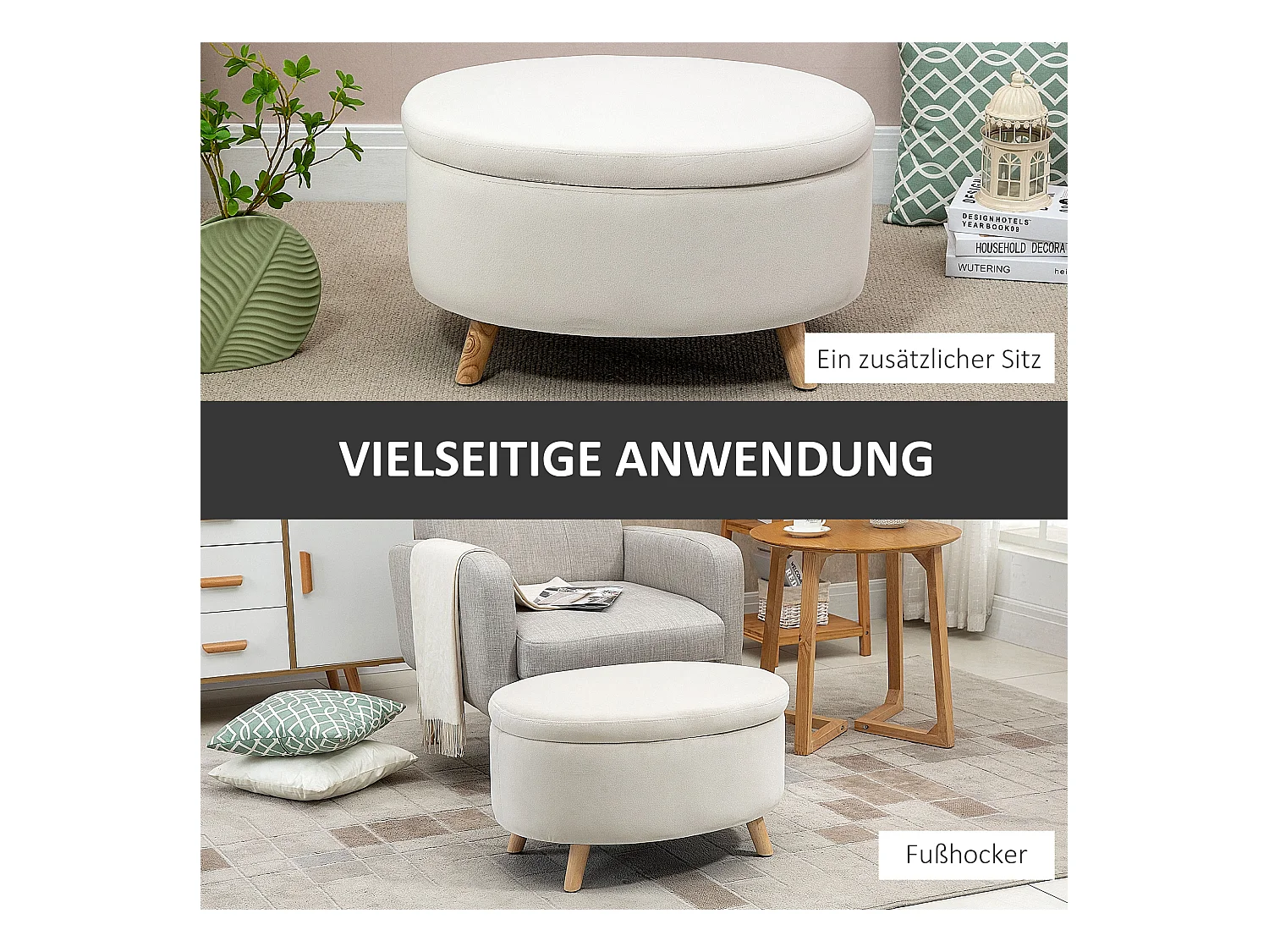 Banc de rangement ovale, velours beige, pieds en bois, avec compartiment secret (71x51.5x42cm)