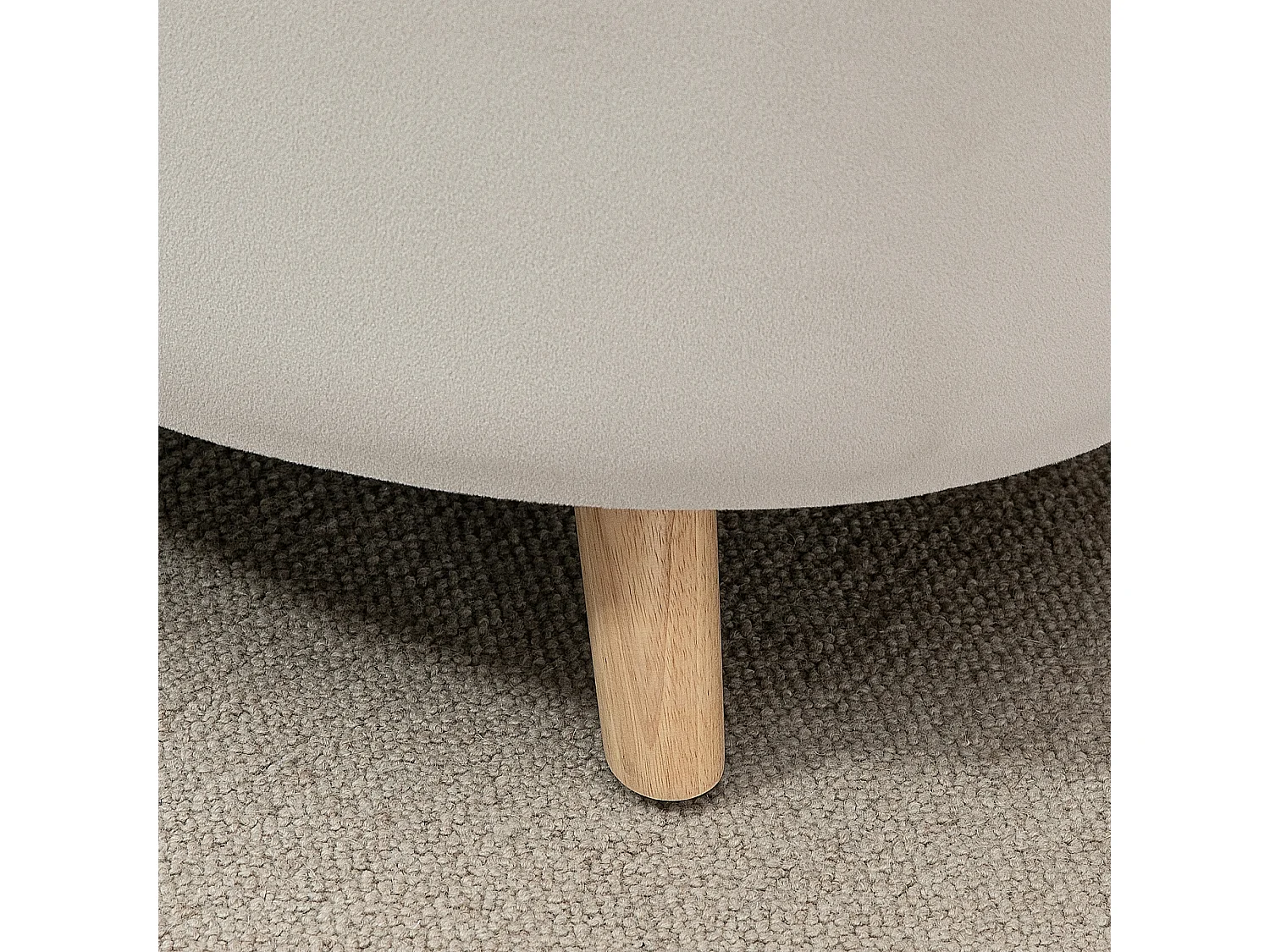 Banc de rangement ovale, velours beige, pieds en bois, avec compartiment secret (71x51.5x42cm)