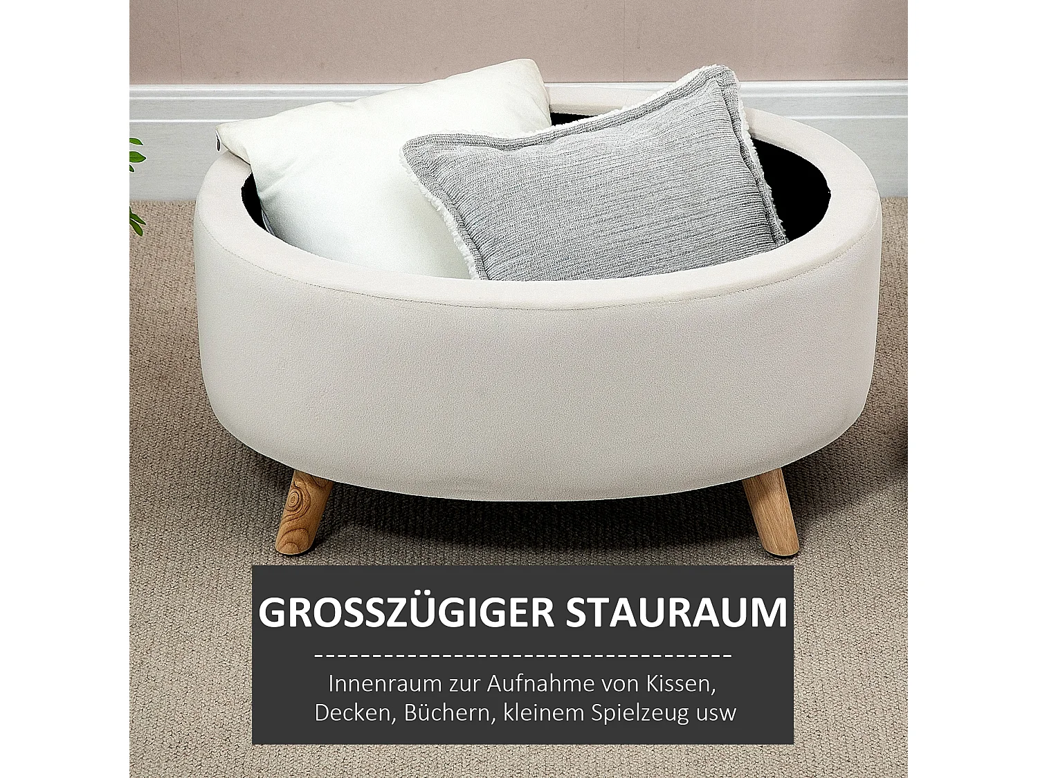 Banc de rangement ovale, velours beige, pieds en bois, avec compartiment secret (71x51.5x42cm)