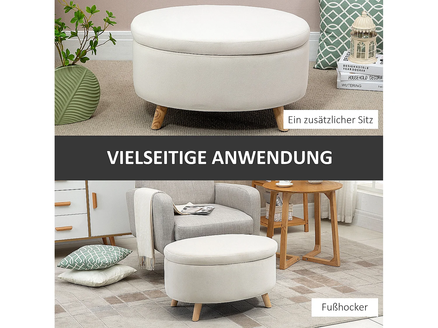 Banc de rangement ovale, velours beige, pieds en bois, avec compartiment secret (71x51.5x42cm)