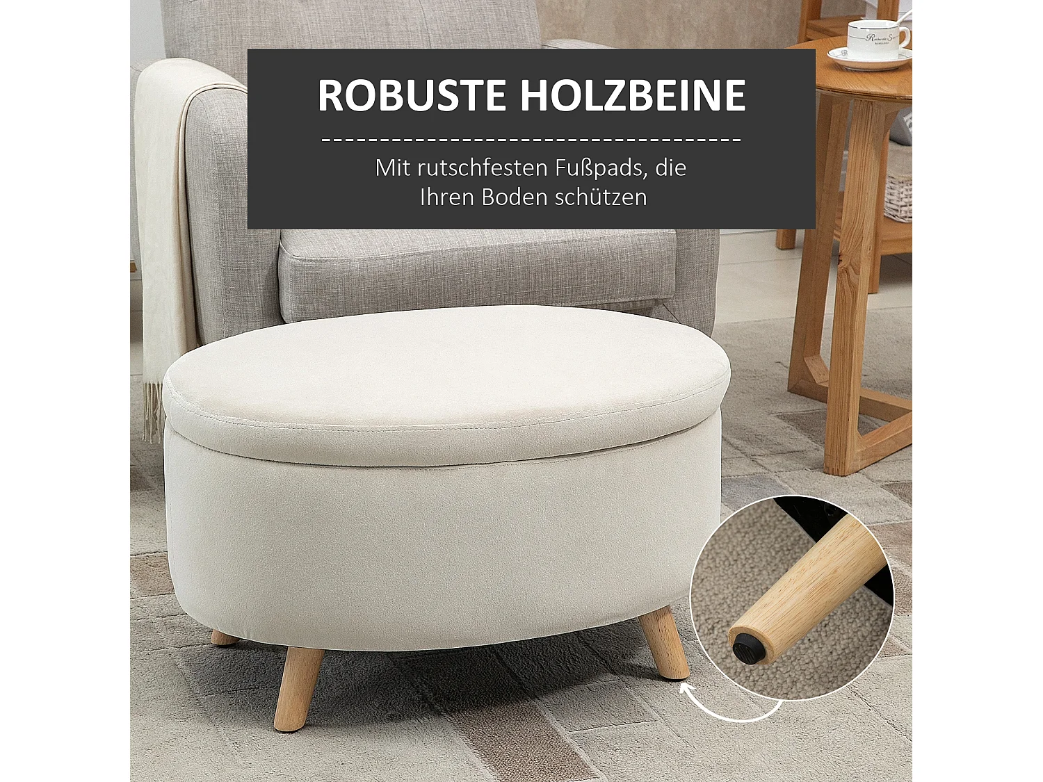 Banc de rangement ovale, velours beige, pieds en bois, avec compartiment secret (71x51.5x42cm)