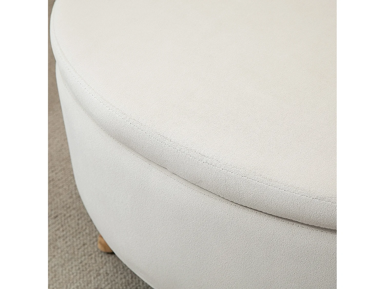 Banc de rangement ovale, velours beige, pieds en bois, avec compartiment secret (71x51.5x42cm)