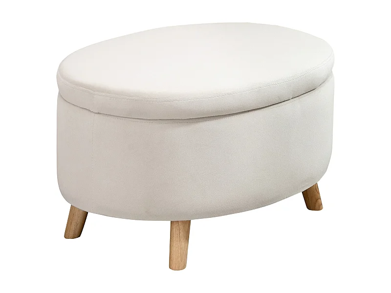 Ovale opbergbank, beige fluweel, houten poten, met geheim vak (71x51,5x42cm)