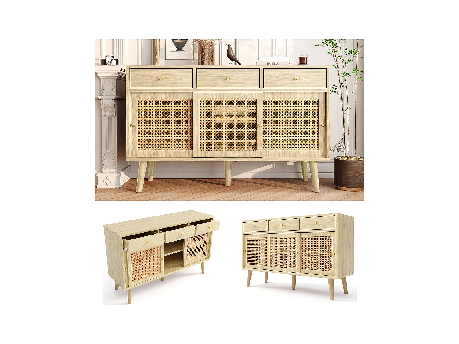 Buffet avec 3 tiroirs et 3 portes coulissantes, design Rattan, pieds en bois massif, poignées métalliques dorées (120x40x78 cm)