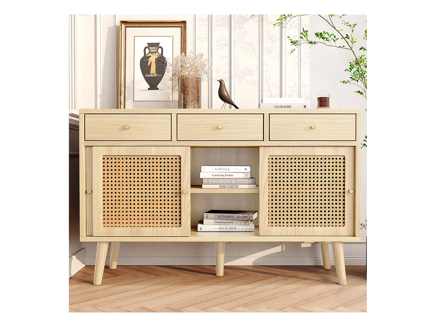 Buffet avec 3 tiroirs et 3 portes coulissantes, design Rattan, pieds en bois massif, poignées métalliques dorées (120x40x78 cm)