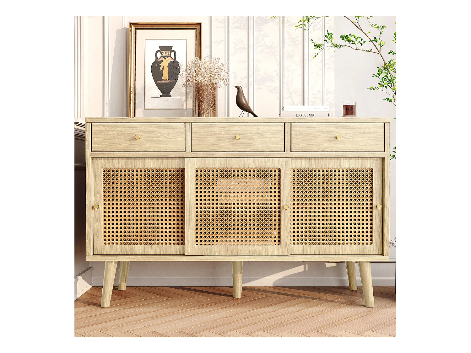 Buffet avec 3 tiroirs et 3 portes coulissantes, design Rattan, pieds en bois massif, poignées métalliques dorées (120x40x78 cm)