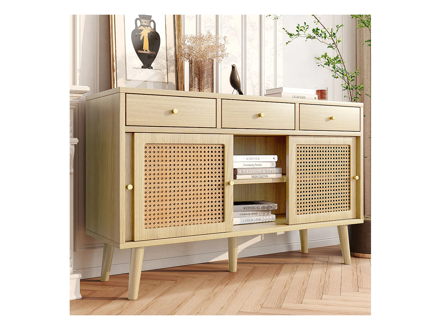 Buffet avec 3 tiroirs et 3 portes coulissantes, design Rattan, pieds en bois massif, poignées métalliques dorées (120x40x78 cm)