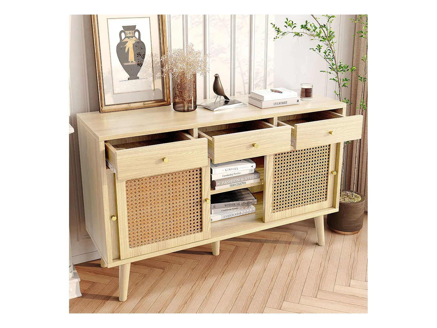 Buffet avec 3 tiroirs et 3 portes coulissantes, design Rattan, pieds en bois massif, poignées métalliques dorées (120x40x78 cm)