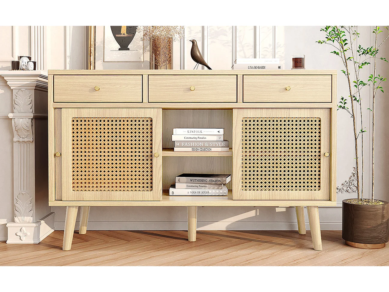 Buffet avec 3 tiroirs et 3 portes coulissantes, design Rattan, pieds en bois massif, poignées métalliques dorées (120x40x78 cm)