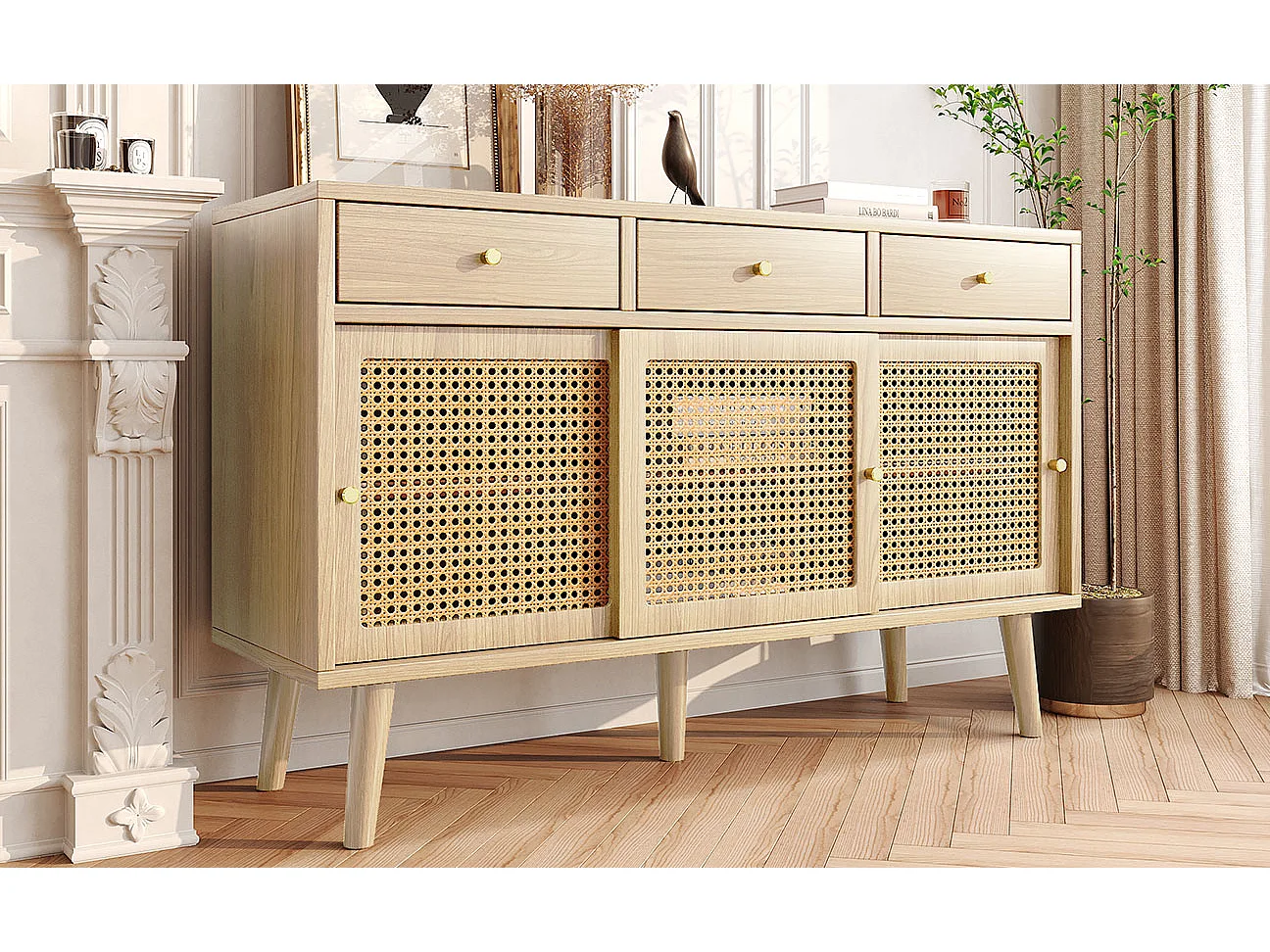 Buffet avec 3 tiroirs et 3 portes coulissantes, design Rattan, pieds en bois massif, poignées métalliques dorées (120x40x78 cm)
