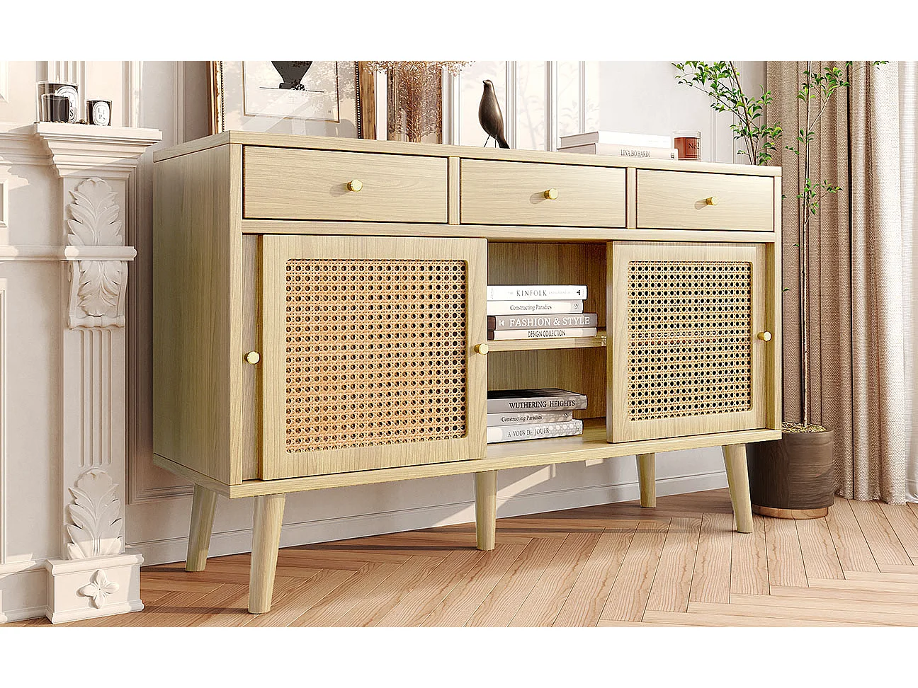 Buffet avec 3 tiroirs et 3 portes coulissantes, design Rattan, pieds en bois massif, poignées métalliques dorées (120x40x78 cm)