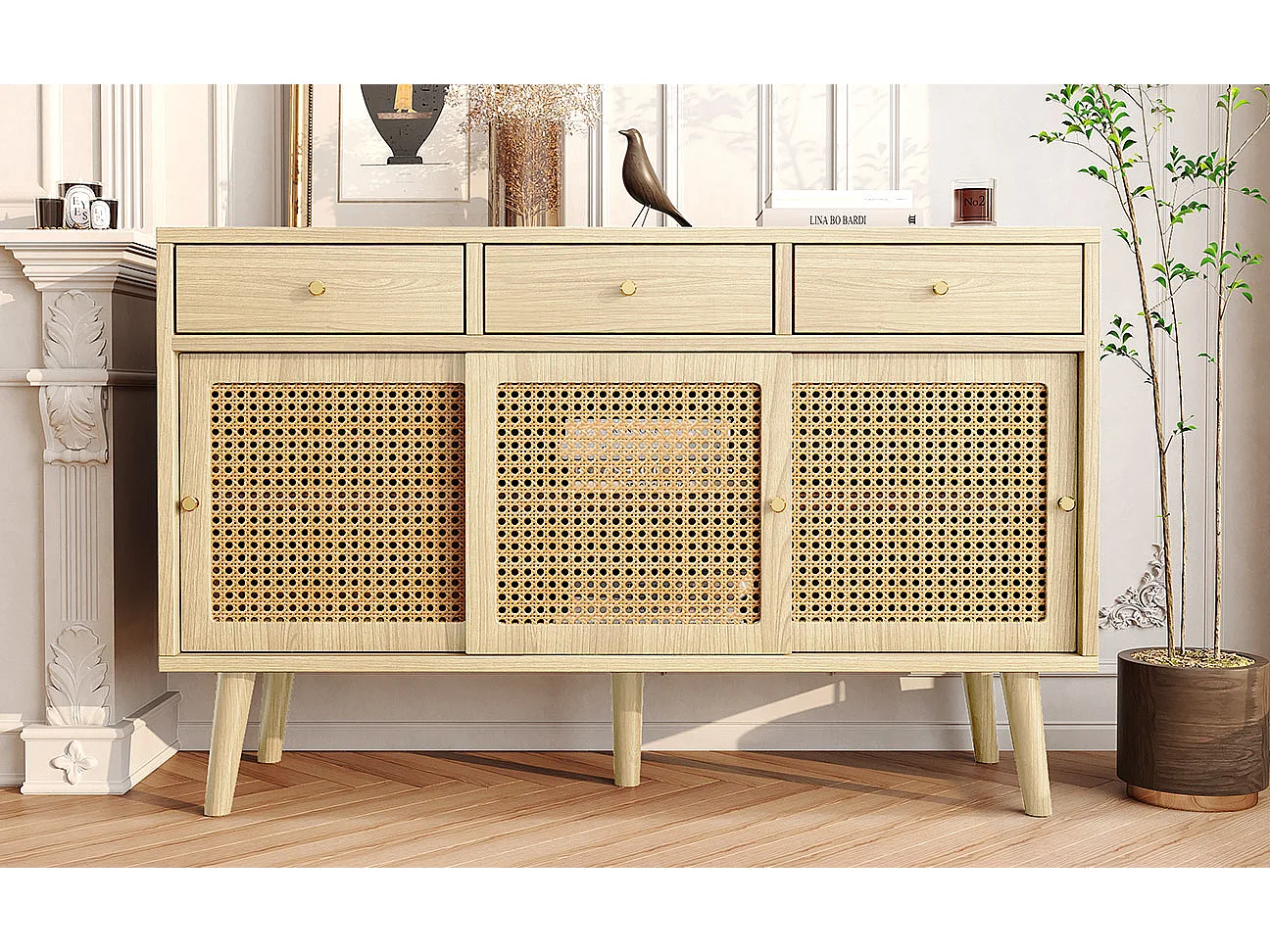 Buffet avec 3 tiroirs et 3 portes coulissantes, design Rattan, pieds en bois massif, poignées métalliques dorées (120x40x78 cm)
