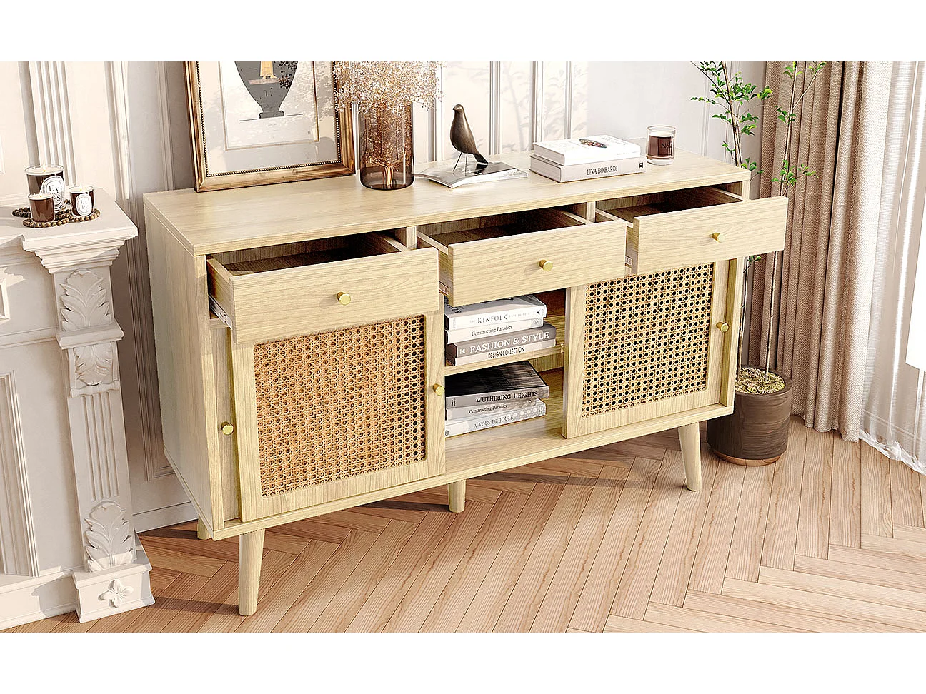 Buffet avec 3 tiroirs et 3 portes coulissantes, design Rattan, pieds en bois massif, poignées métalliques dorées (120x40x78 cm)