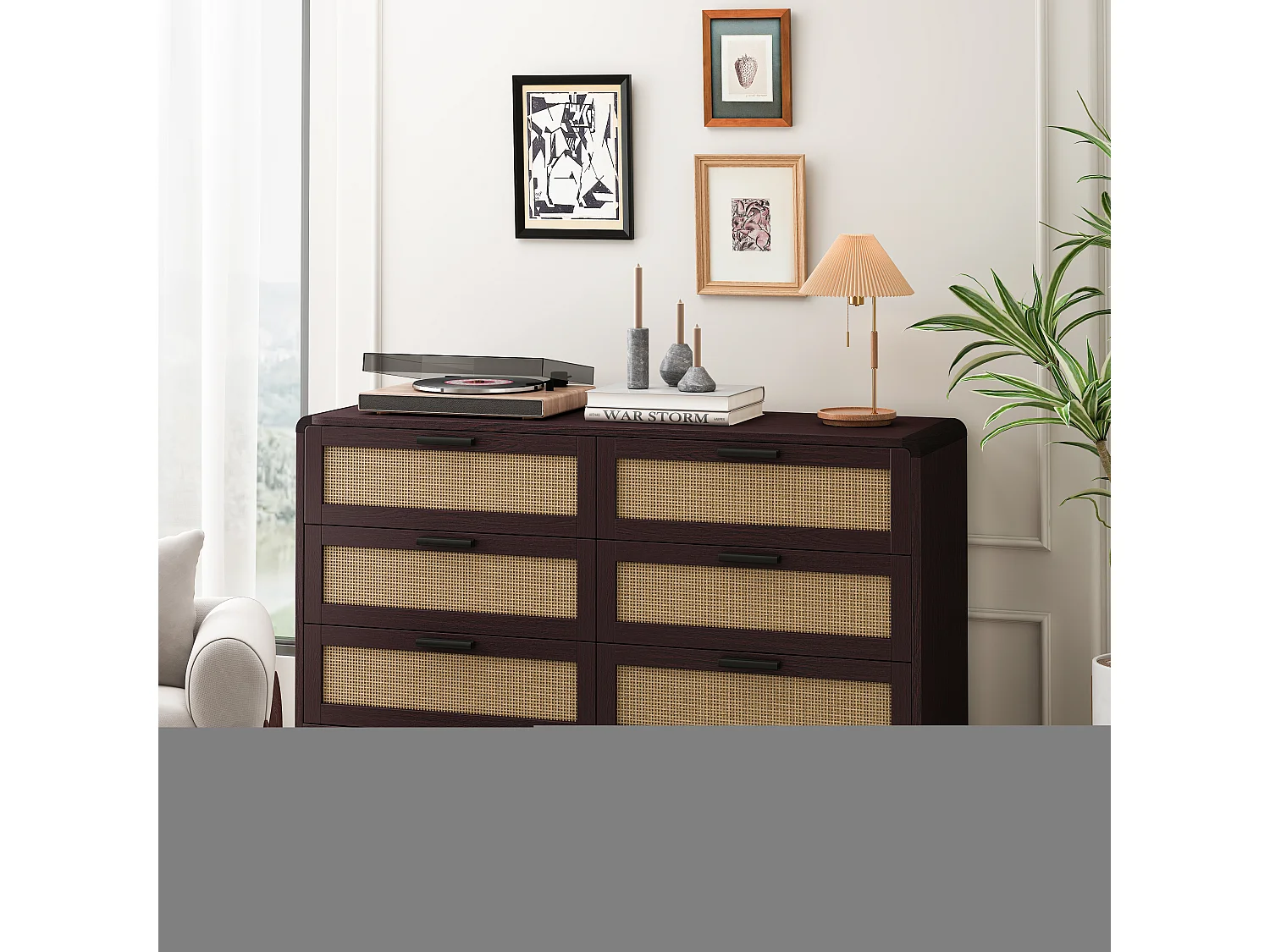 Rotan hoekkast, 6 lades, massief hout, roodbruin (130x40x74 cm)