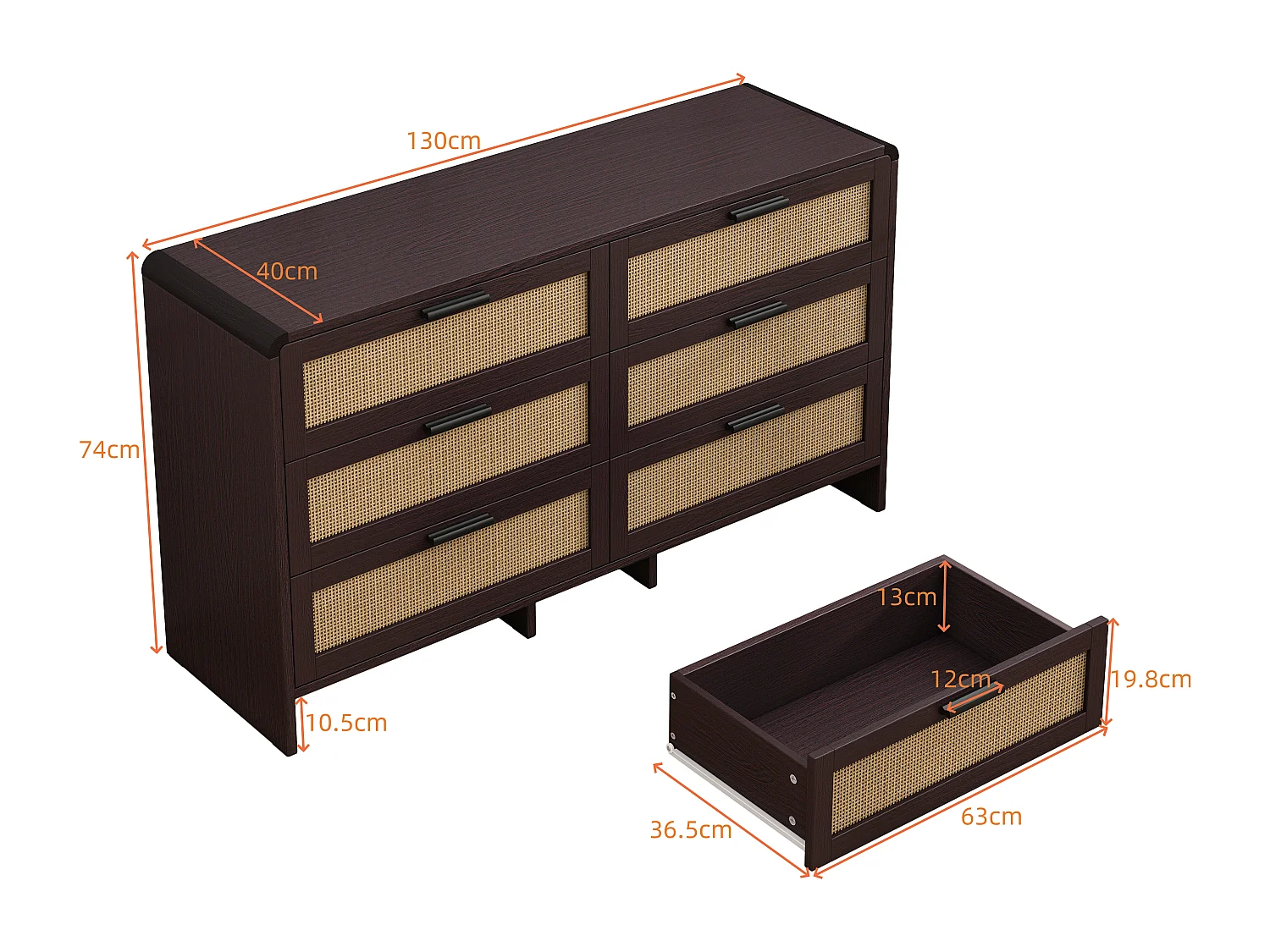 Rotan hoekkast, 6 lades, massief hout, roodbruin (130x40x74 cm)