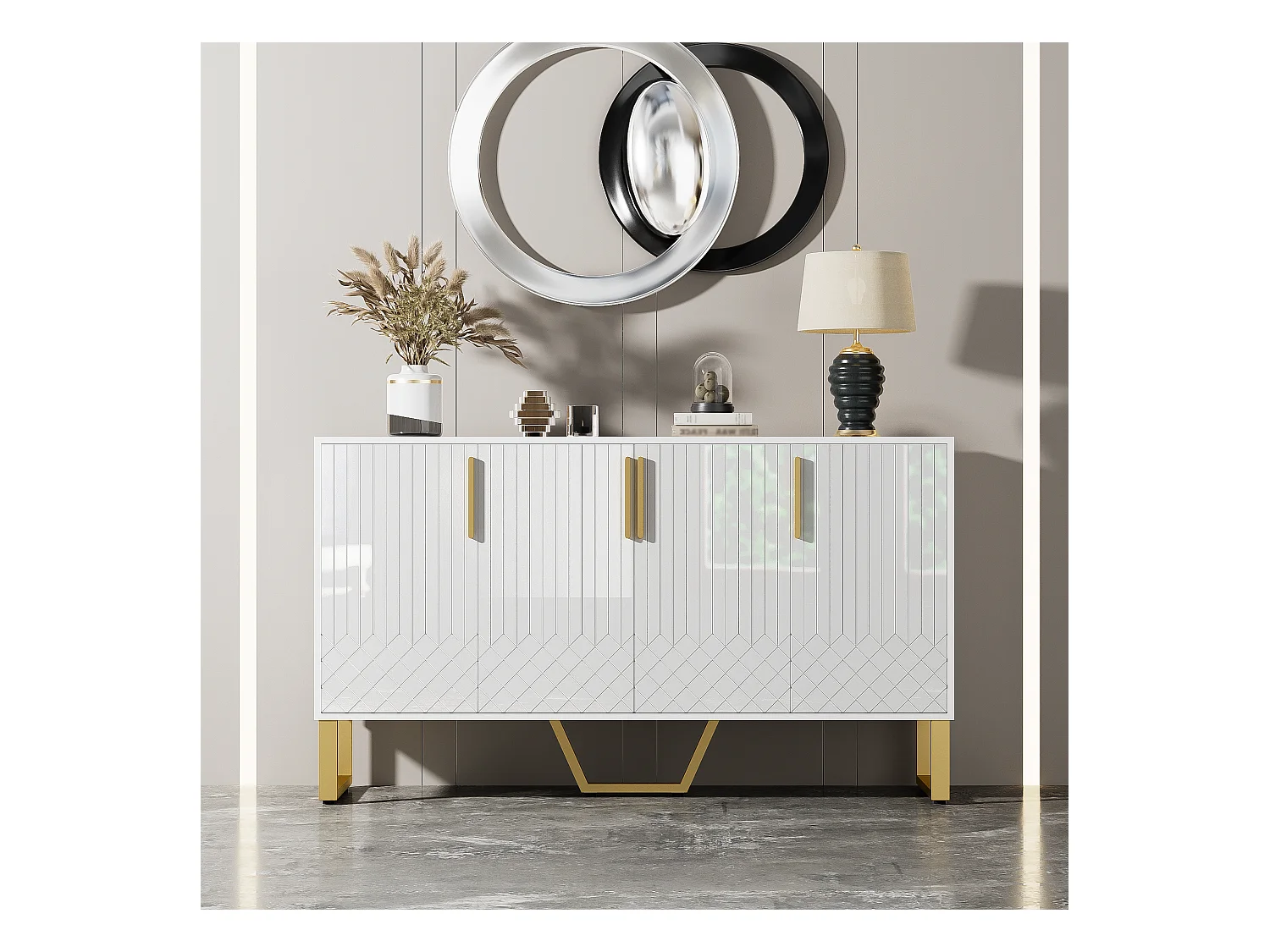 Buffet haut brillant, 4 portes, avec poignées et pieds en métal, design géométrique, MDF, blanc (140x40x80 cm)