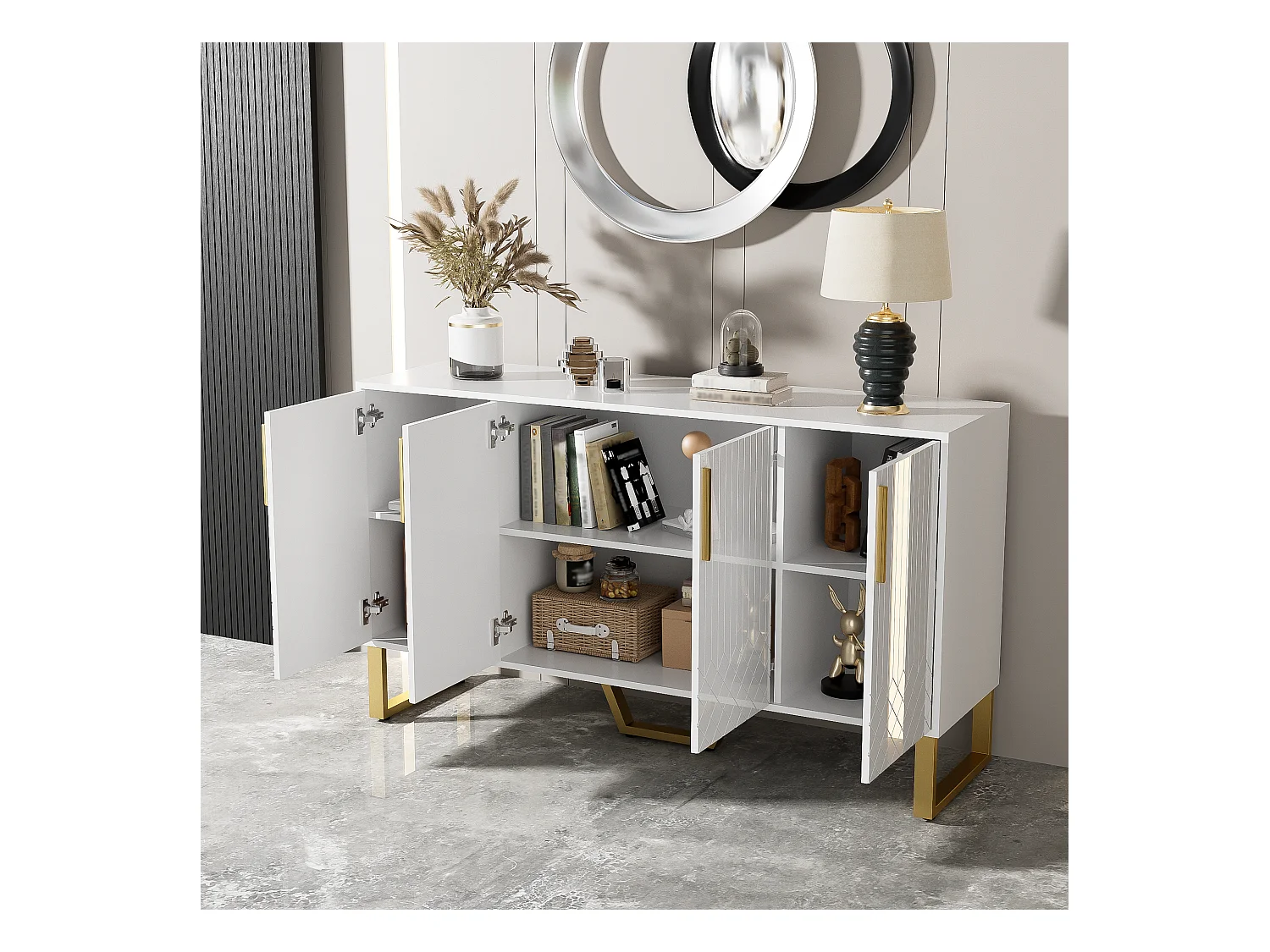 Buffet haut brillant, 4 portes, avec poignées et pieds en métal, design géométrique, MDF, blanc (140x40x80 cm)