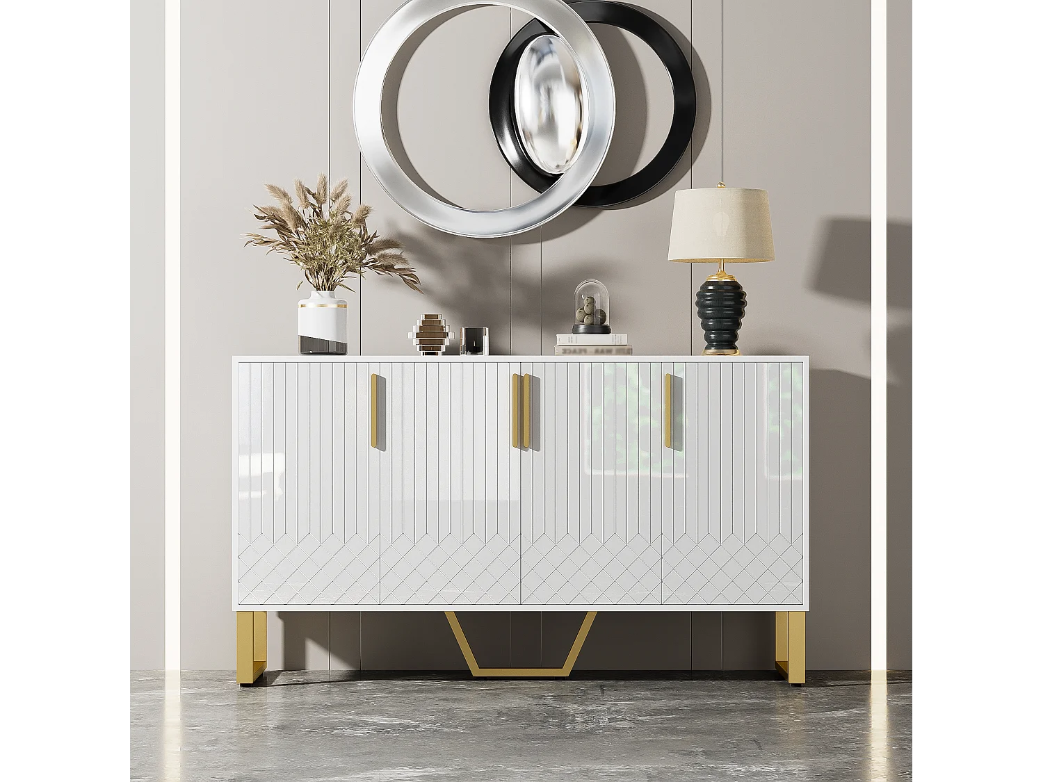 Credenza laccata lucida, 4 ante, con maniglie e piedini in metallo, design geometrico, MDF, bianco (140x40x80 cm)