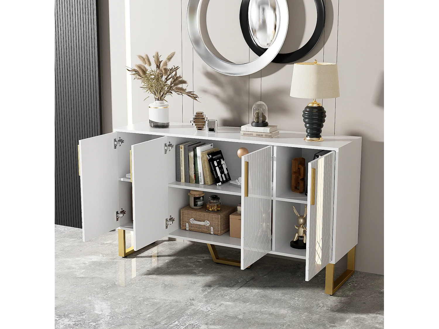 Credenza laccata lucida, 4 ante, con maniglie e piedini in metallo, design geometrico, MDF, bianco (140x40x80 cm)