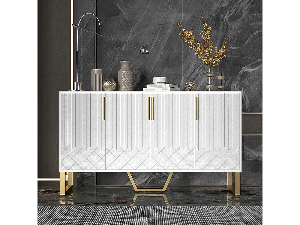 Credenza laccata lucida, 4 ante, con maniglie e piedini in metallo, design geometrico, MDF, bianco (140x40x80 cm)