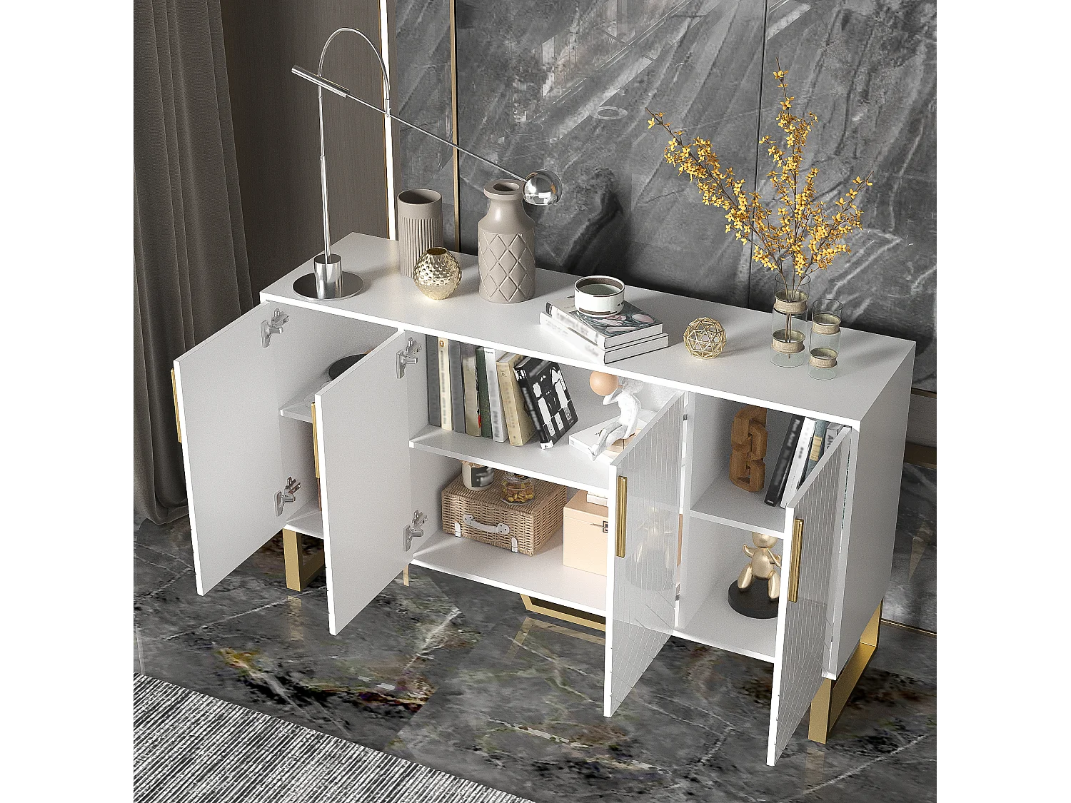 Credenza laccata lucida, 4 ante, con maniglie e piedini in metallo, design geometrico, MDF, bianco (140x40x80 cm)