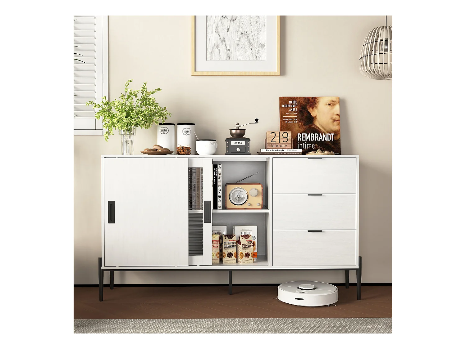 Buffet moderne avec porte en verre trempé et 3 tiroirs, meuble console pour l'entrée, buffet de cuisine pour couloirs, blanc (155x40x91.5 cm)