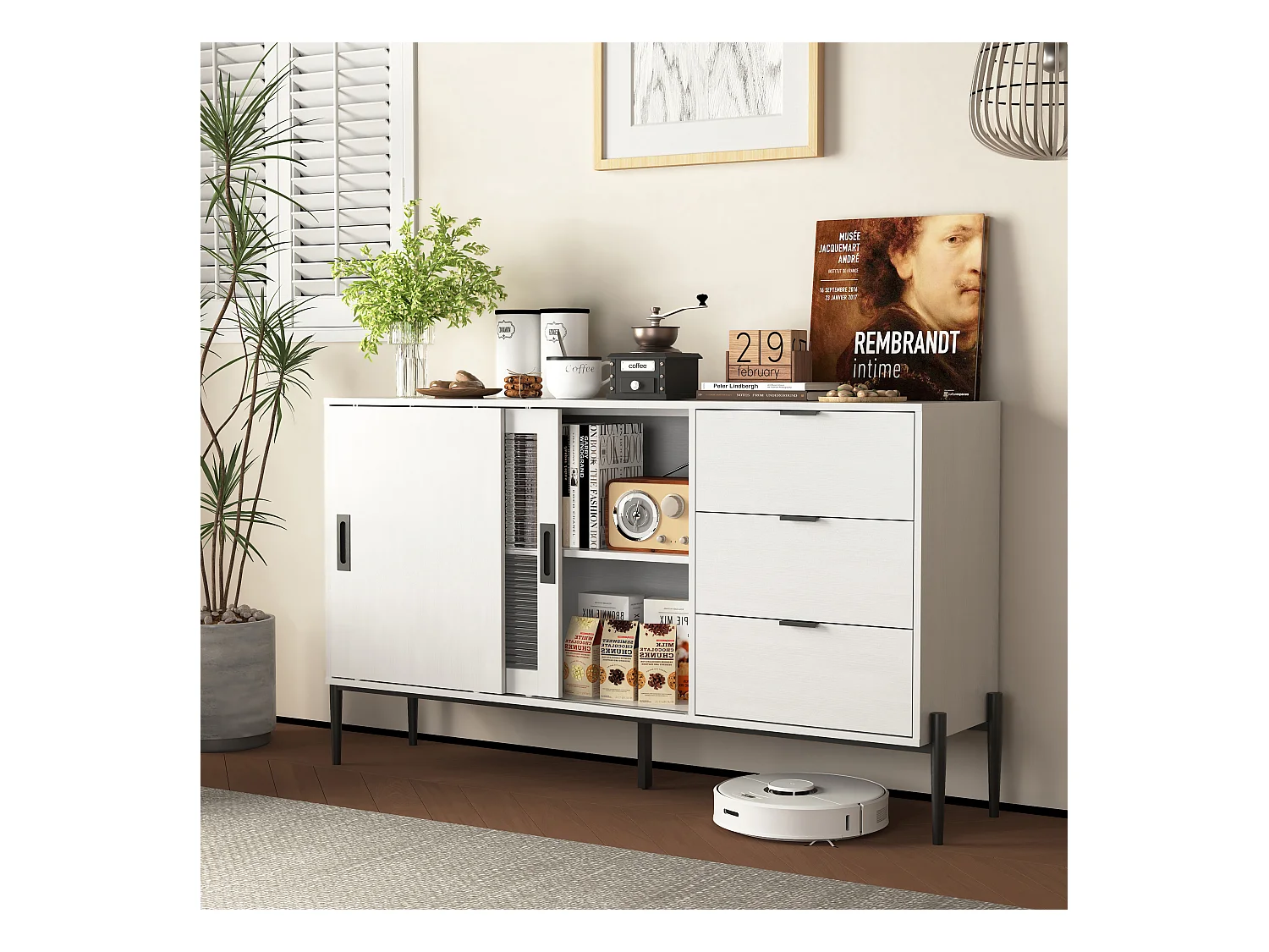 Buffet moderne avec porte en verre trempé et 3 tiroirs, meuble console pour l'entrée, buffet de cuisine pour couloirs, blanc (155x40x91.5 cm)