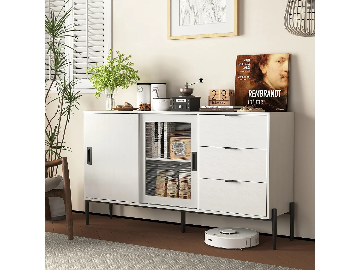 Buffet moderne avec porte en verre trempé et 3 tiroirs, meuble console pour l'entrée, buffet de cuisine pour couloirs, blanc (155x40x91.5 cm)