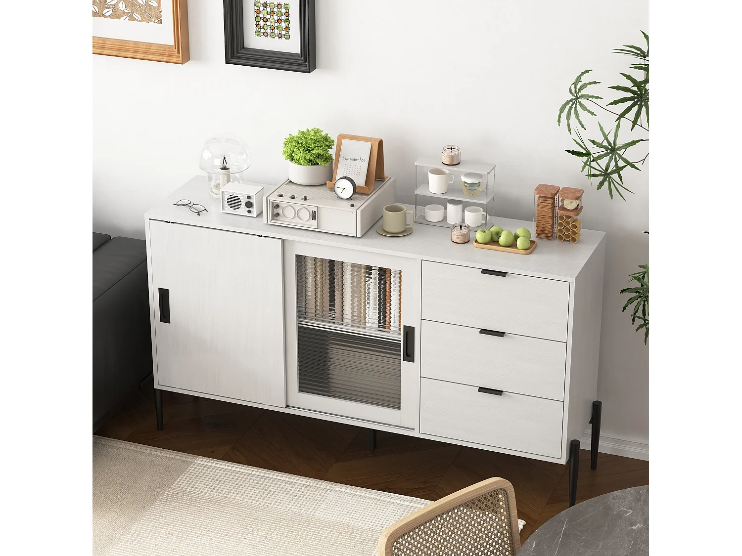 Buffet moderne avec porte en verre trempé et 3 tiroirs, meuble console pour l'entrée, buffet de cuisine pour couloirs, blanc (155x40x91.5 cm)