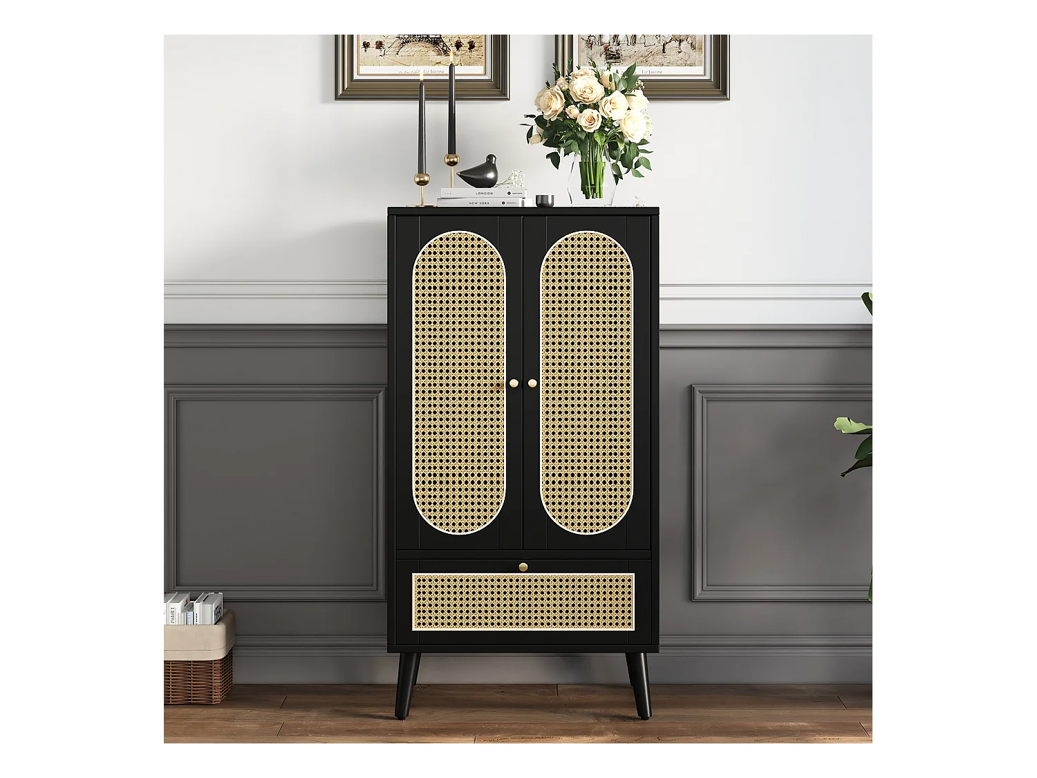 Buffet compact, design en rattan, noir, 2 portes, 1 tiroir, 60x40x110.5 cm