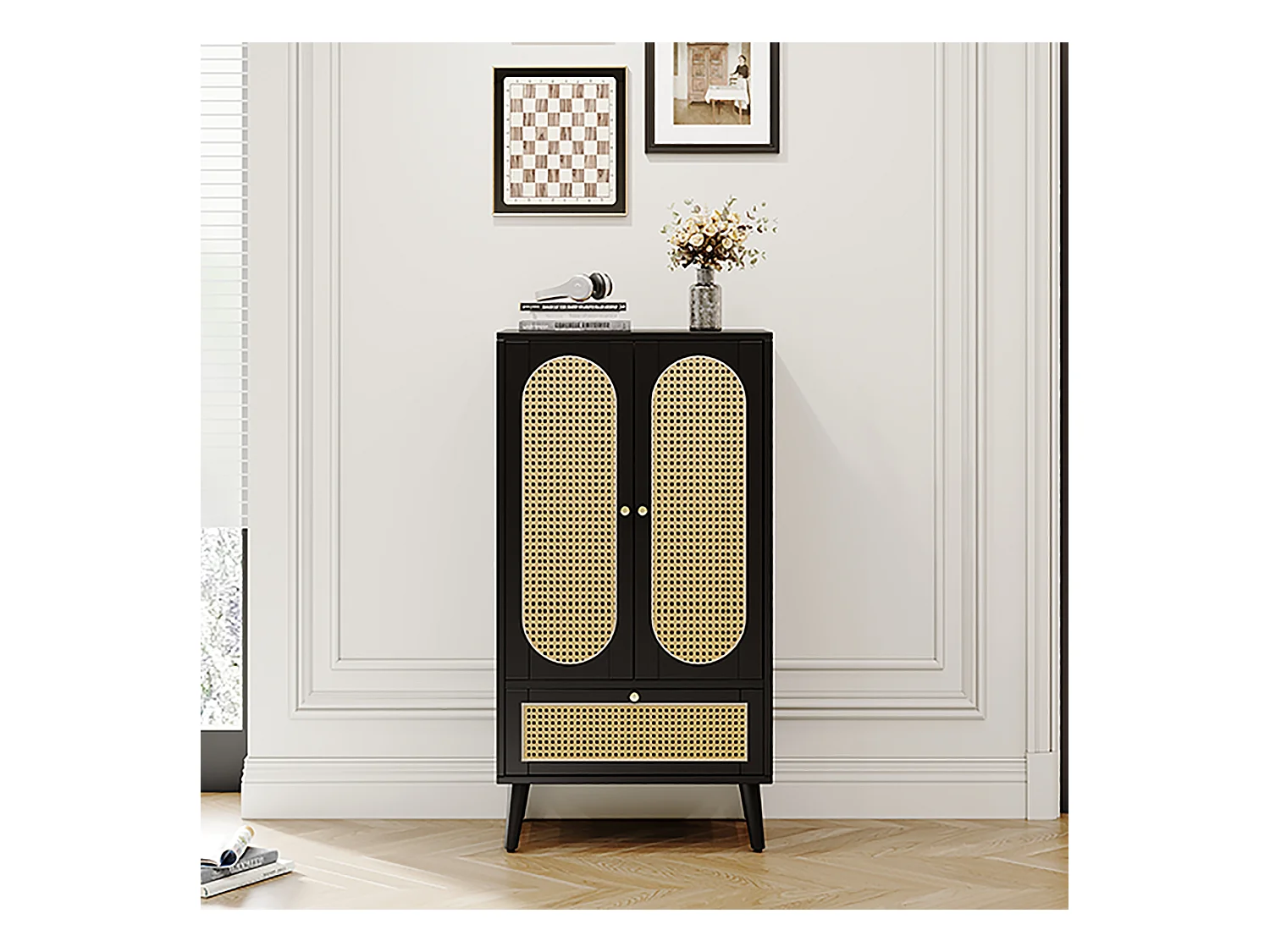 Buffet compact, design en rattan, noir, 2 portes, 1 tiroir, 60x40x110.5 cm