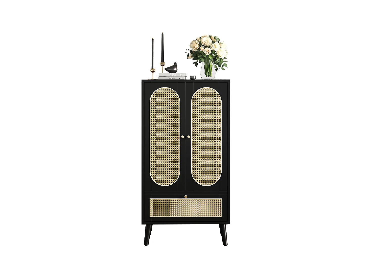 Buffet compact, design en rattan, noir, 2 portes, 1 tiroir, 60x40x110.5 cm