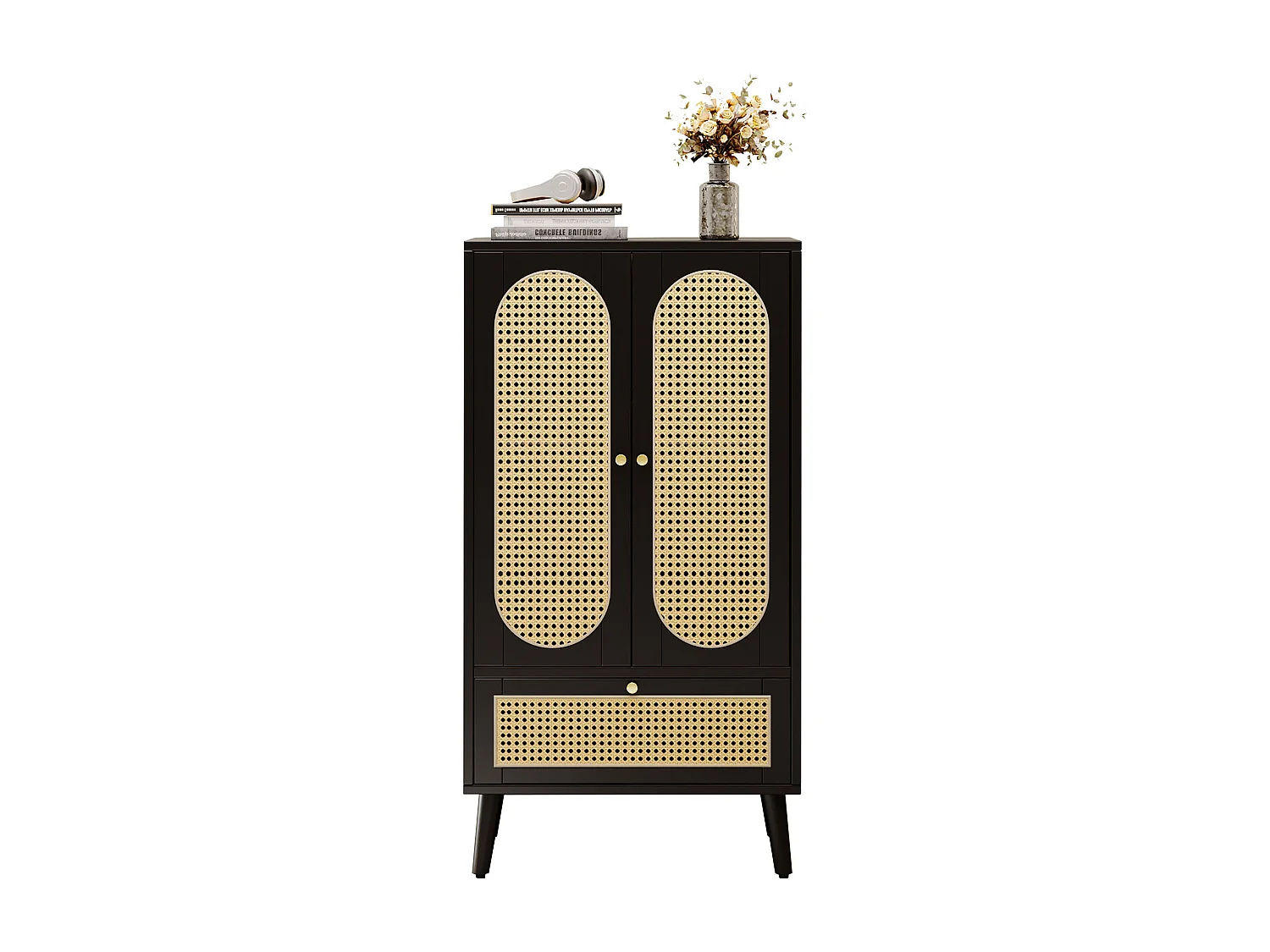 Buffet compact, design en rattan, noir, 2 portes, 1 tiroir, 60x40x110.5 cm