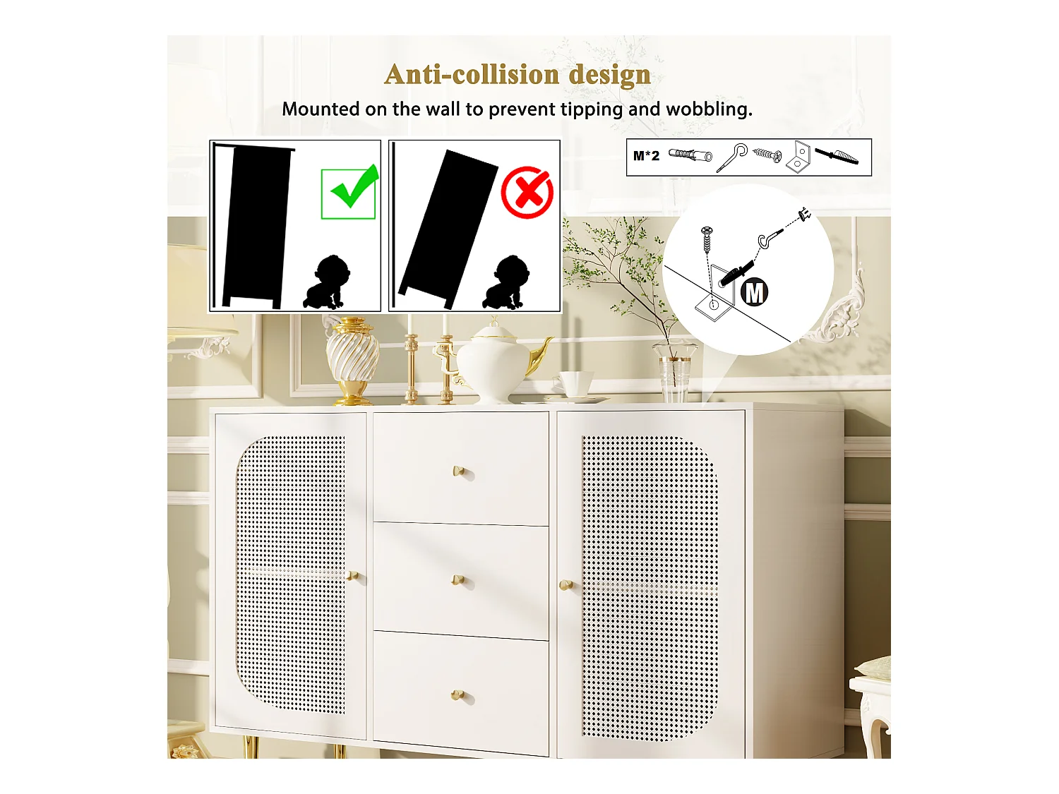 Buffet avec portes en rotin, 2 tiroirs, 2 étagères ouvertes, bois (120x40x90 cm)