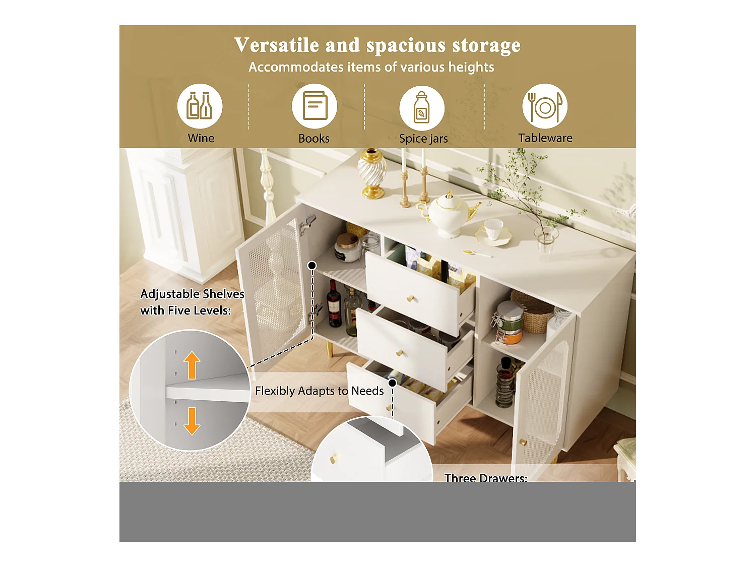 Buffet avec portes en rotin, 2 tiroirs, 2 étagères ouvertes, bois (120x40x90 cm)