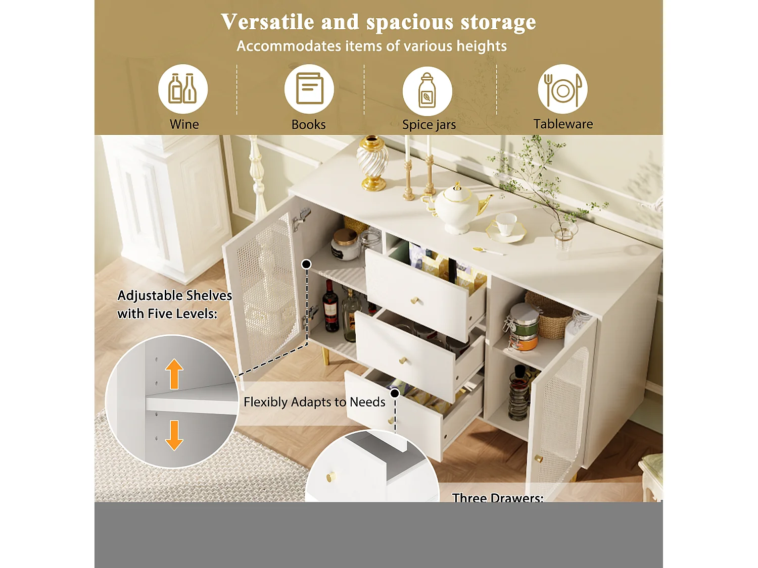 Buffet avec portes en rotin, 2 tiroirs, 2 étagères ouvertes, bois (120x40x90 cm)