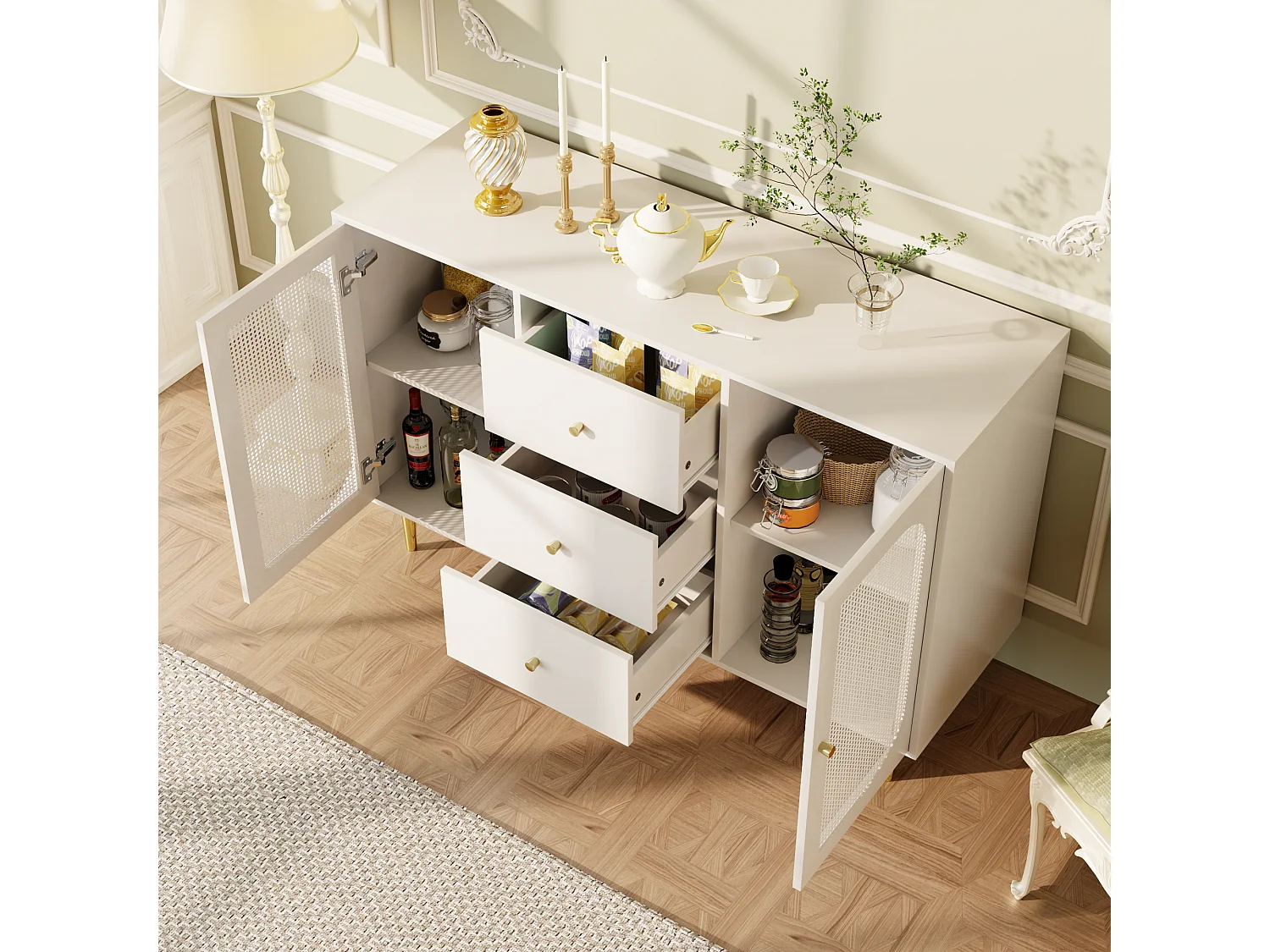 Buffet avec portes en rotin, 2 tiroirs, 2 étagères ouvertes, bois (120x40x90 cm)