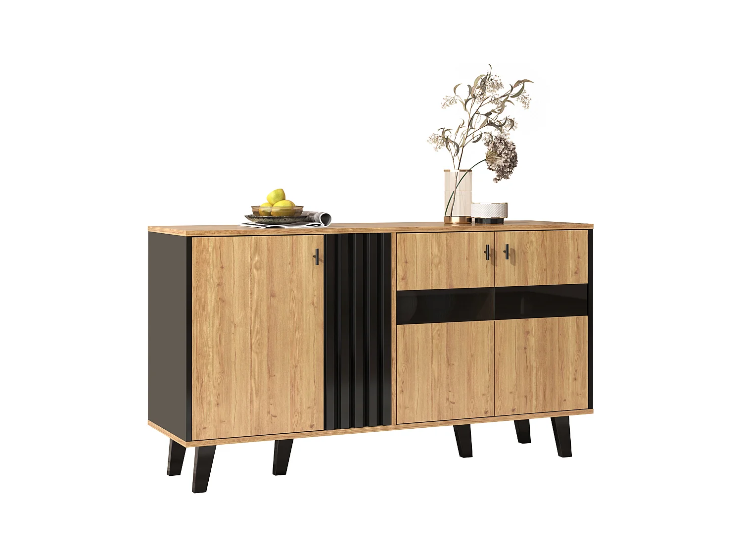 Buffet 4 portes, bois et noir, avec éclairage LED, verre, MDF, (140x78.5x41 cm)