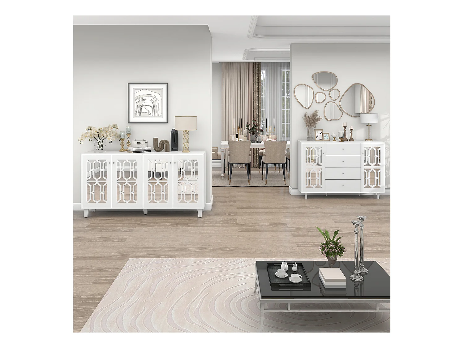 Credenza bianca con ante a specchio e maniglie in cristallo, 4 ante, MDF (147,5x40x102 cm)