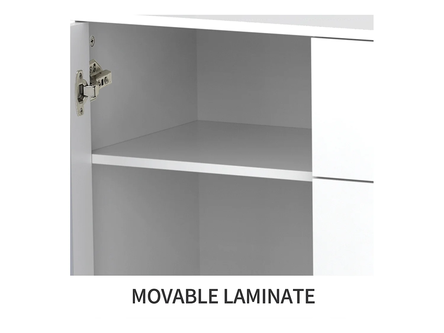 Credenza bianca con ante a specchio e maniglie in cristallo, 4 ante, MDF (147,5x40x102 cm)