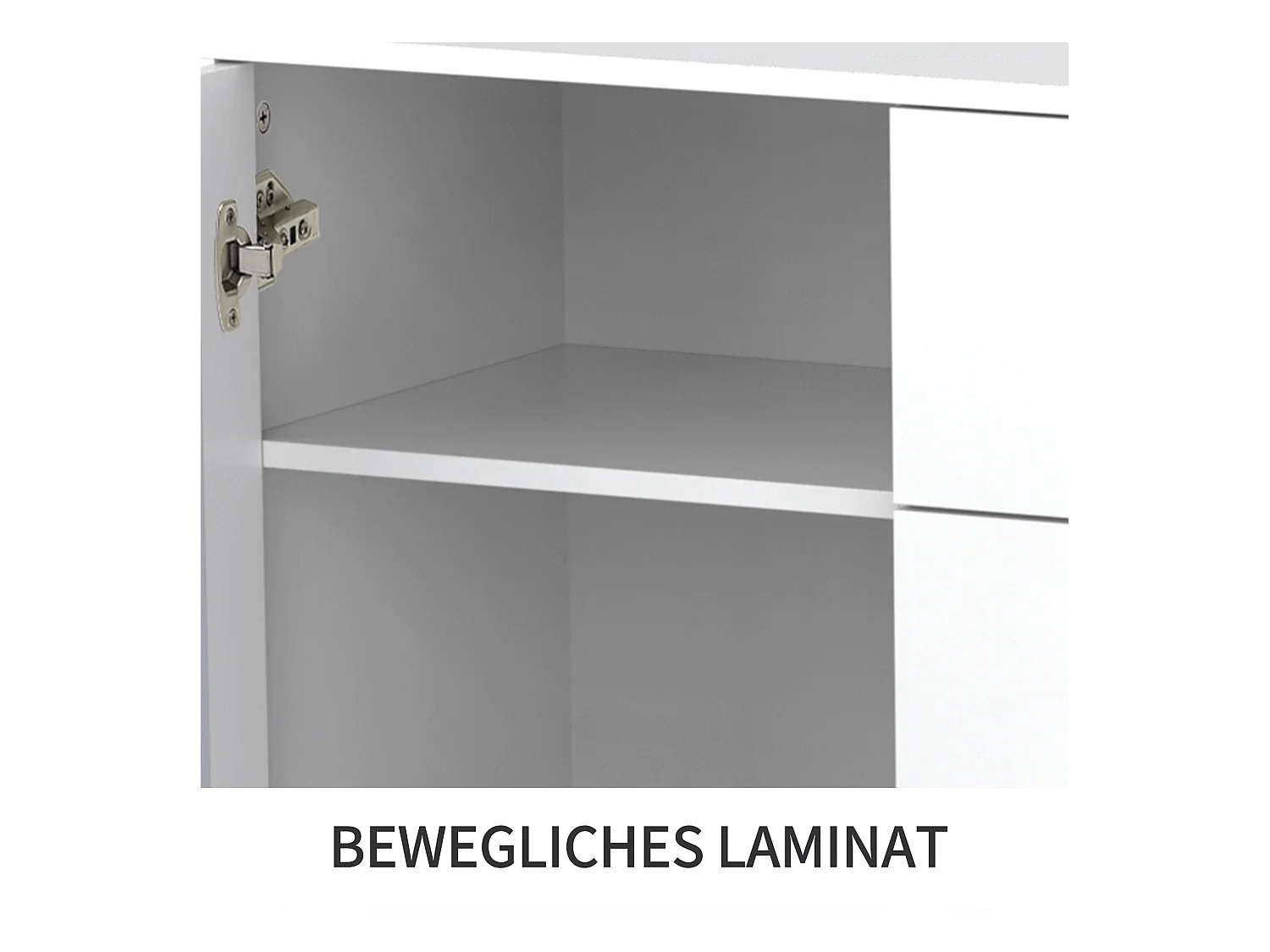 Credenza bianca con ante a specchio e maniglie in cristallo, 4 ante, MDF (147,5x40x102 cm)