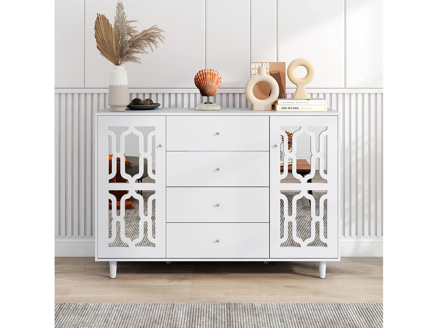 Buffet blanc avec portes miroir et poignées en cristal, 4 portes, MDF (147.5x40x102 cm)