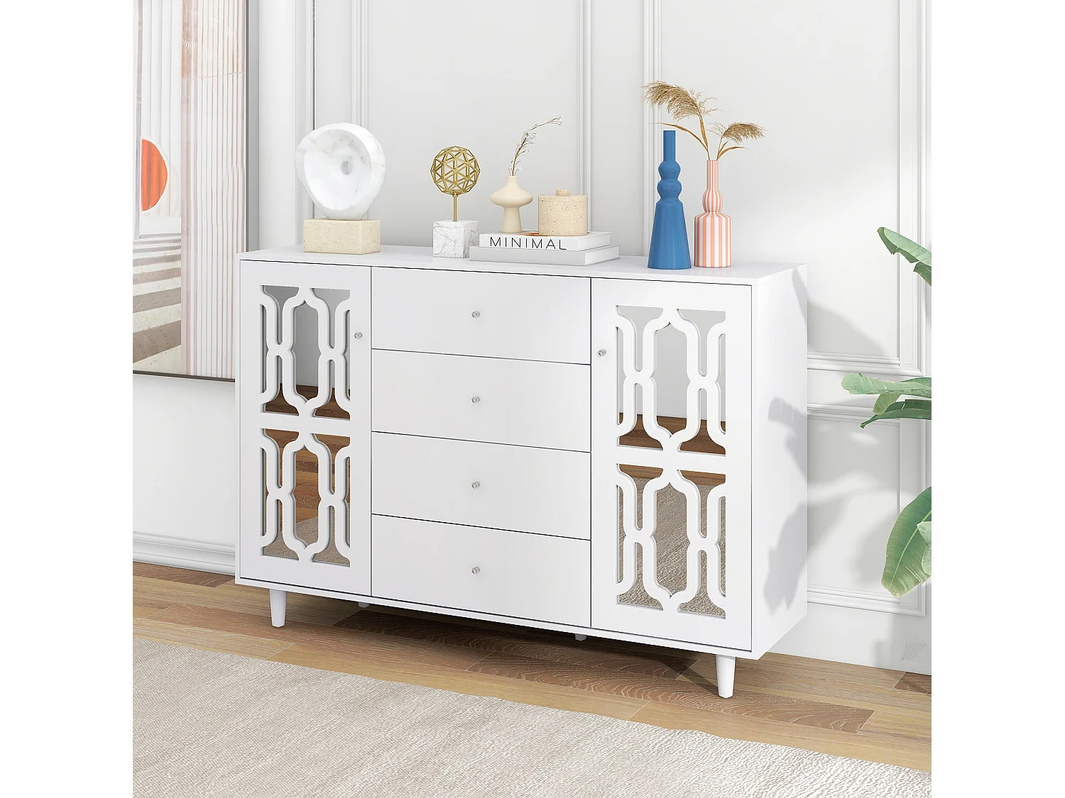 Buffet blanc avec portes miroir et poignées en cristal, 4 portes, MDF (147.5x40x102 cm)