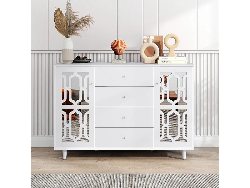 Buffet blanc avec portes miroir et poignées en cristal, 4 portes, MDF (147.5x40x102 cm)