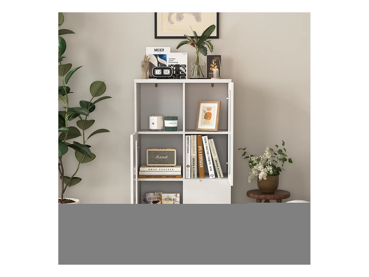 Armario de MDF con puertas de cristal y cajón, espacio de almacenamiento abierto, blanco (65x30x100 cm)