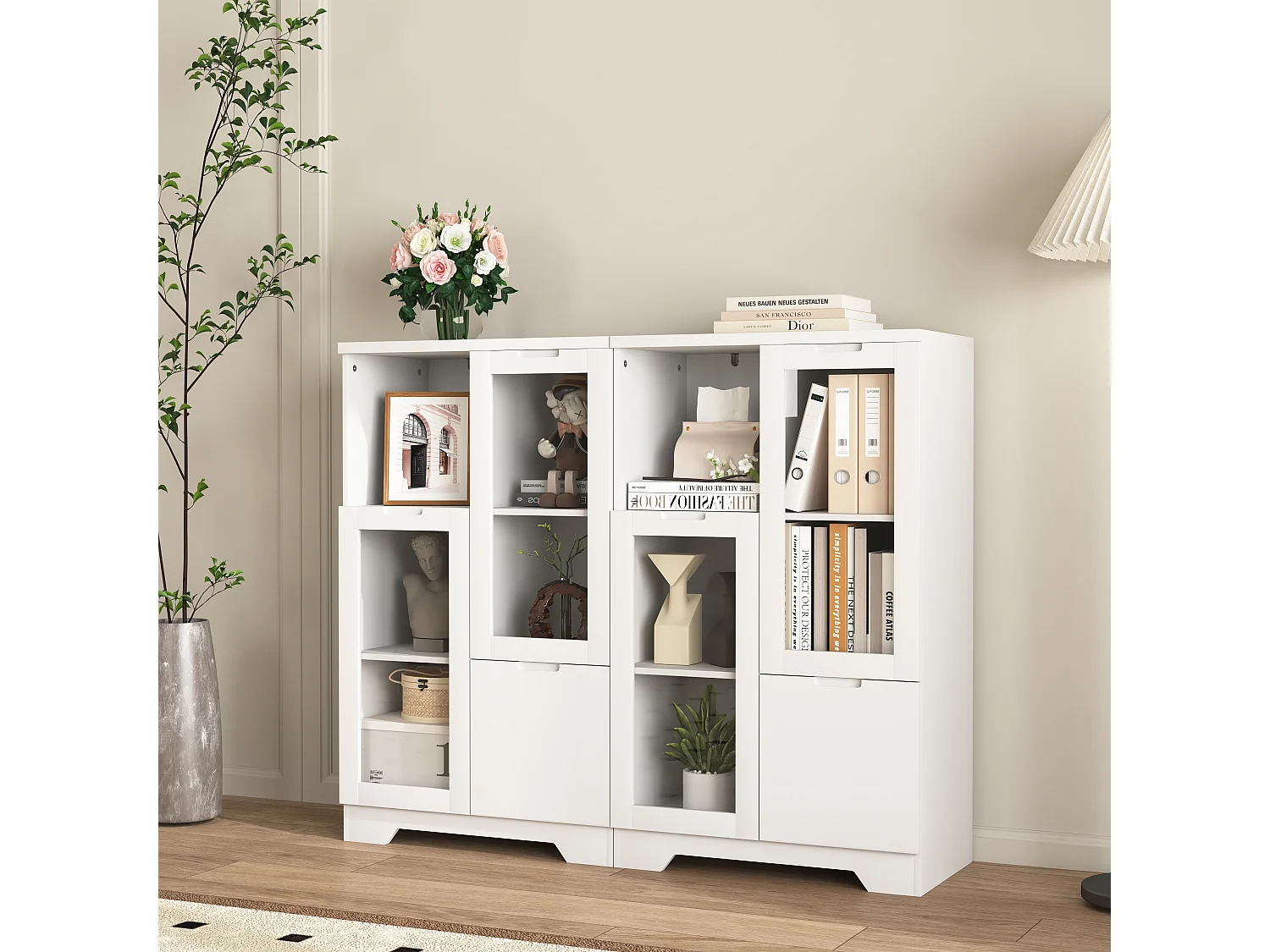 Armario de MDF con puertas de cristal y cajón, espacio de almacenamiento abierto, blanco (65x30x100 cm)