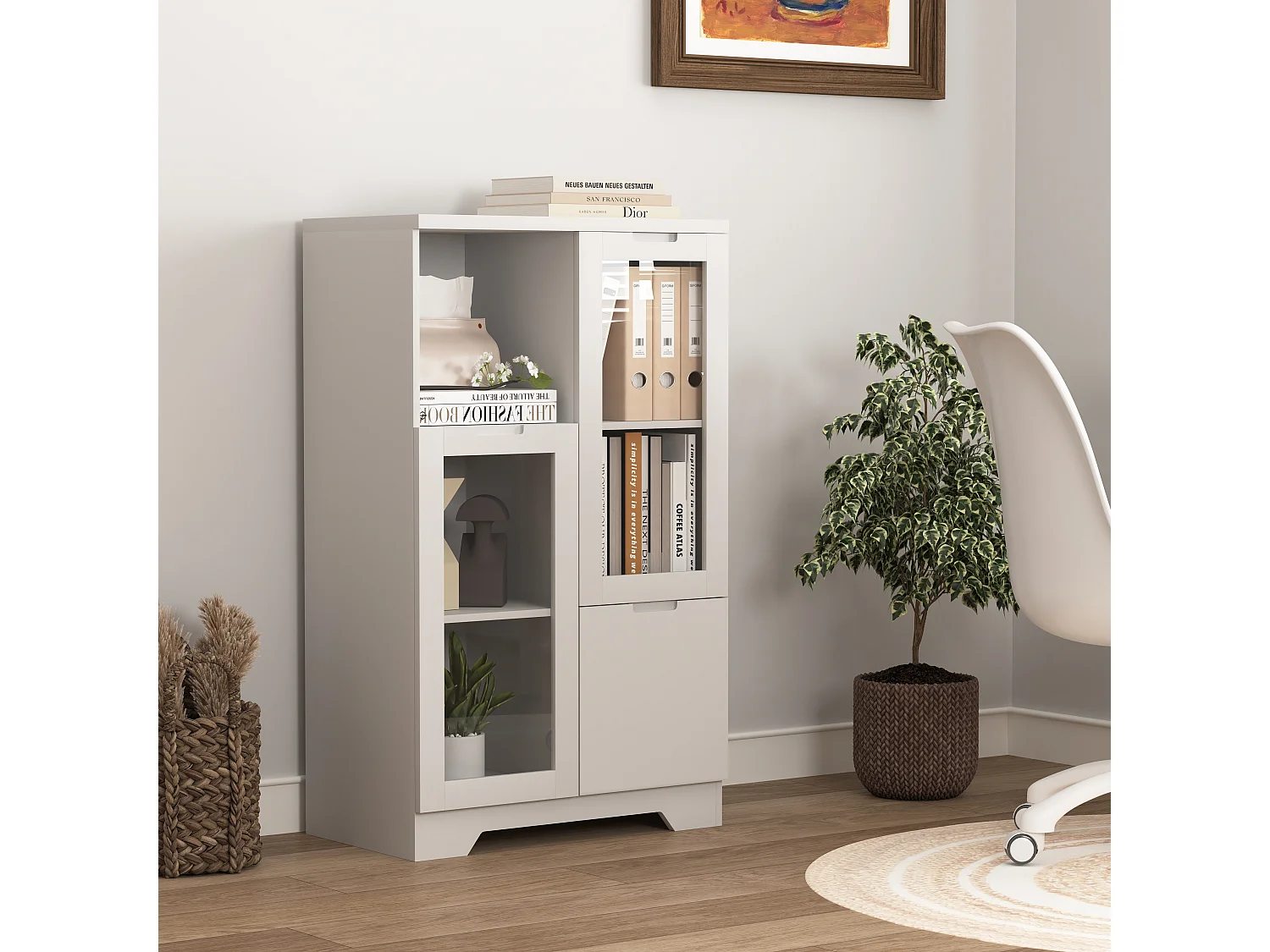 Armario de MDF con puertas de cristal y cajón, espacio de almacenamiento abierto, blanco (65x30x100 cm)