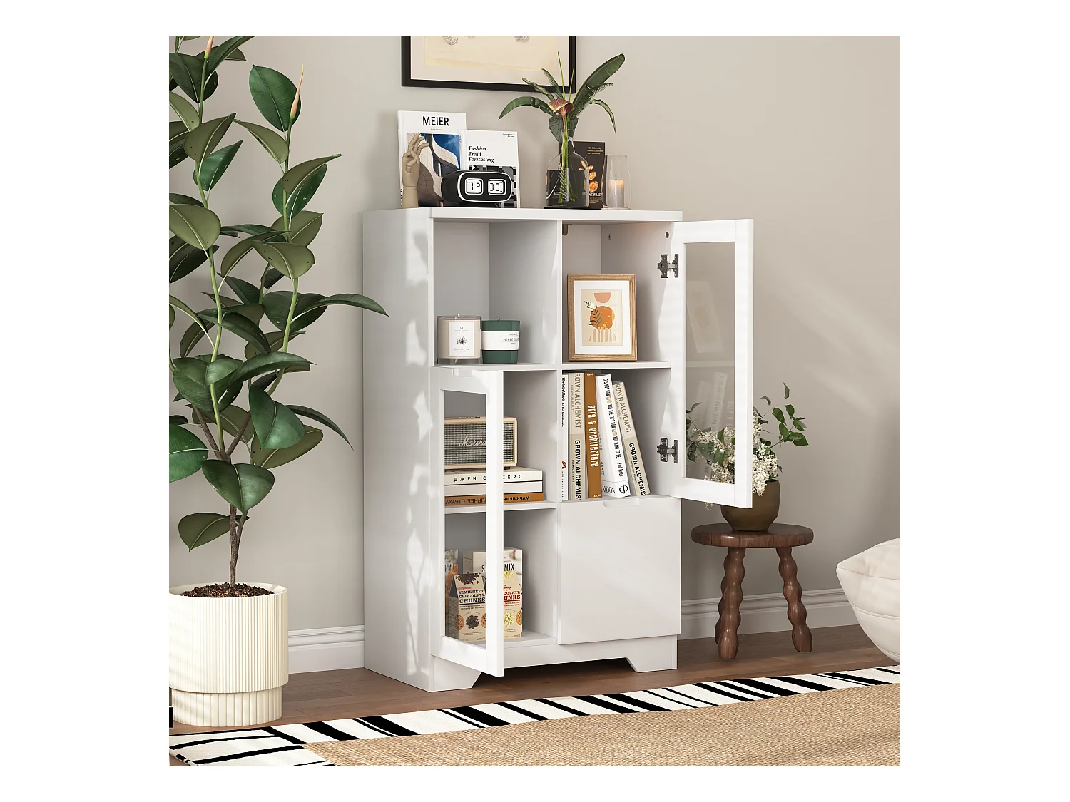 Armoire en MDF avec portes en verre et tiroir, espace de rangement ouvert, blanc (65x30x100 cm)