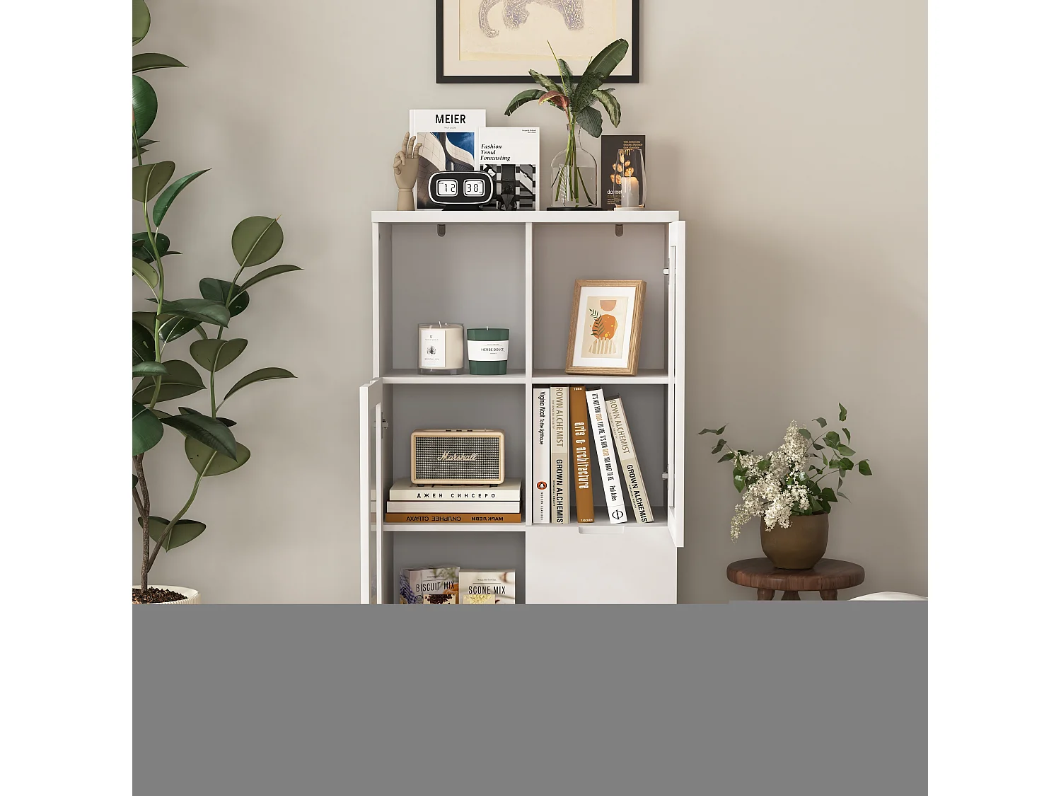 Armoire en MDF avec portes en verre et tiroir, espace de rangement ouvert, blanc (65x30x100 cm)
